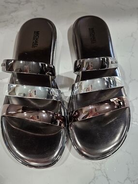 Michael Kors Women’s Metallic Triple-Strap Slide Sandals - Rose Gold/Silver